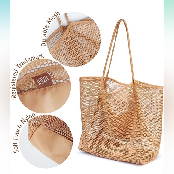 Taupe Mesh Beach Tote Womens Lightweight Shopping Shoulder Handbag - Picture 3 of 8